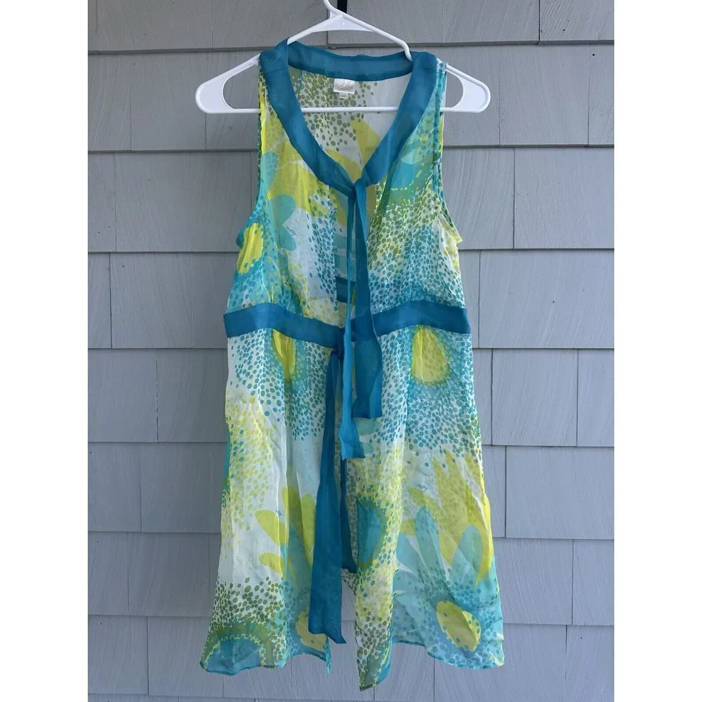 Milly Cabana Medium 100%‎ Silk Cover Up Sheer Tie Front Blue Yellow Swim